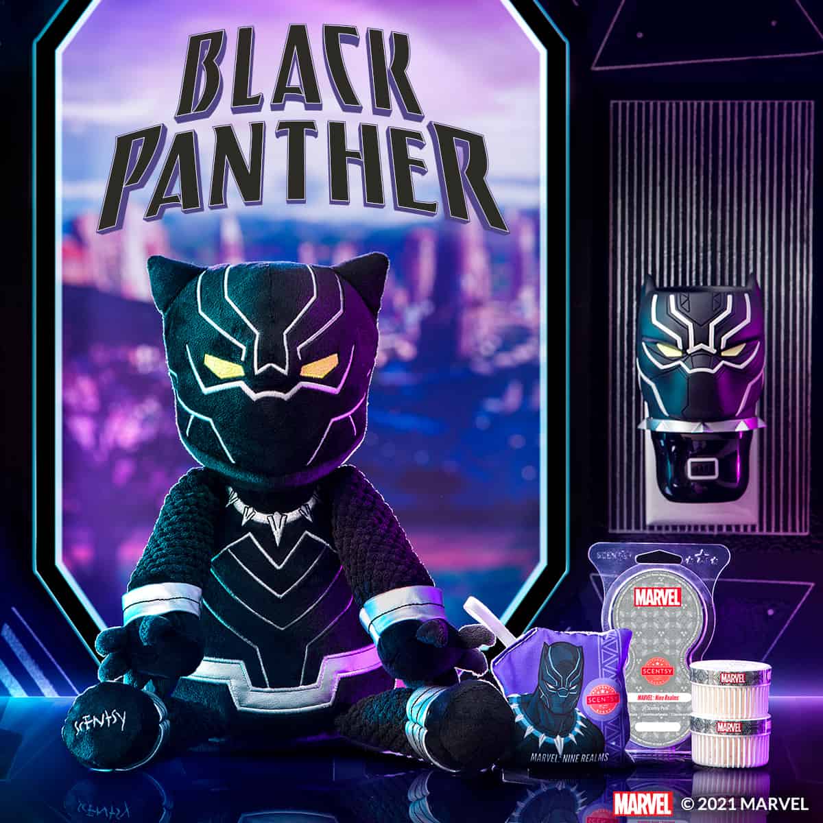 A Scentsy Buddy and Wall Fan Diffuser inspired by Marvel’s mighty warrior, Black Panther, paired with our Marvel: Nine Realms fragrance.